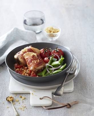 Slow Roasted Rangitikei Chicken Thighs With Bacon & Tomato Topped With Parmesan & Pine Nut Crumbs
