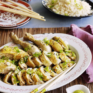 Sake Steamed Chicken With Spring Onion, Soy & Wasabi Dressing