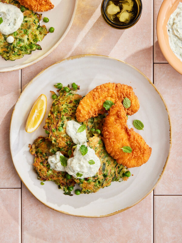 Buttermilk Chicken with pea & haloumi fritters