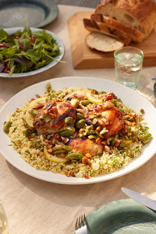 Grilled Chicken With Crushed Olives, Almonds & Tabouli