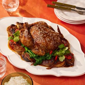 Miso Roast Chicken And Onions With Asian Greens