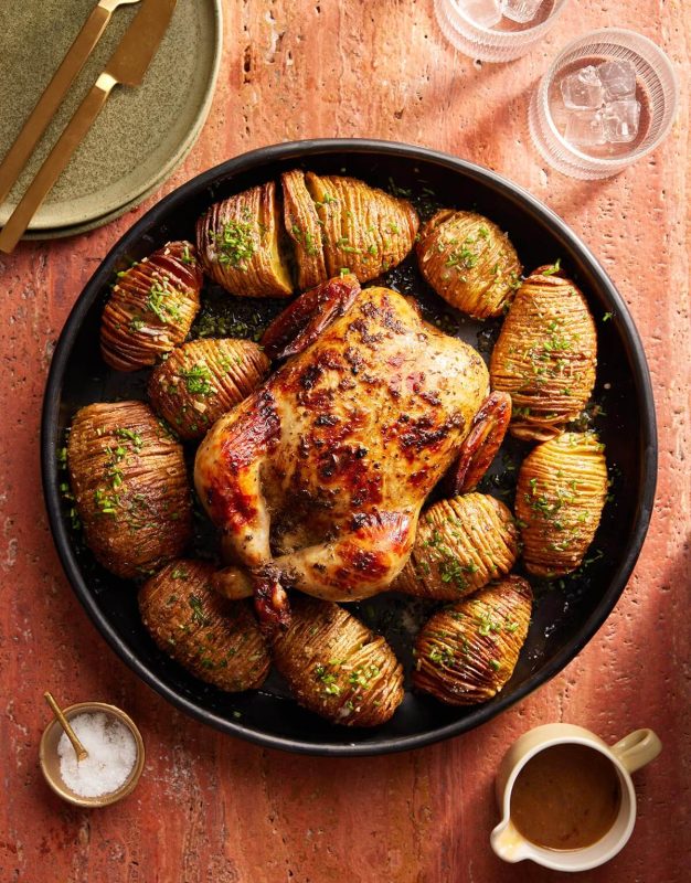 NZ Butter & Garlic Roast Chicken With Hasselback Potatoes